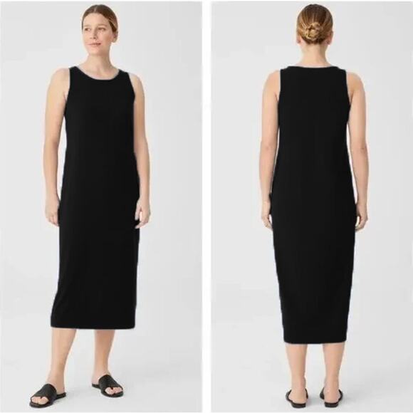 Eileen Fisher Womens Petite Shift Midi Tank Dress Viscose Slit Black Classic Med - Picture 1 of 7